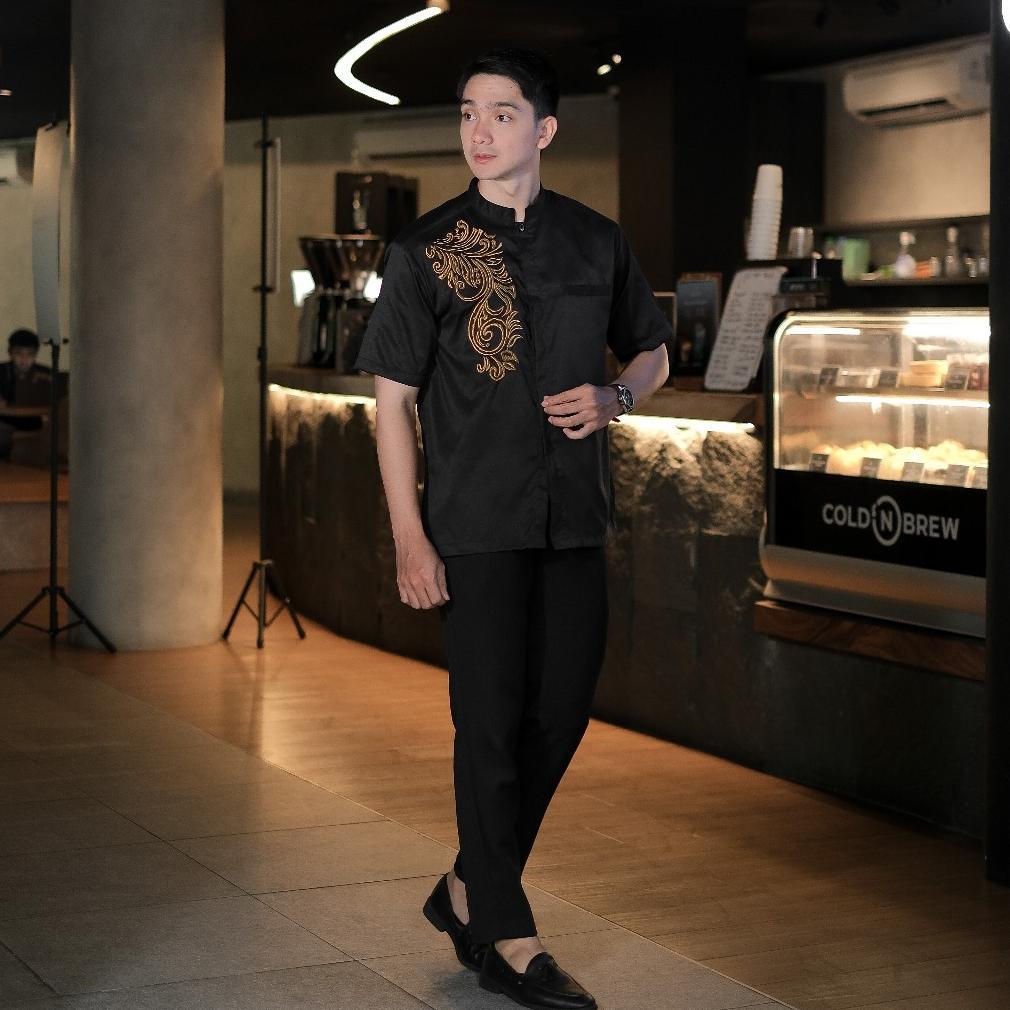 hemat bastoh baju koko pria lengan pendek kemeja koko bordir gold maru hitam dewasa