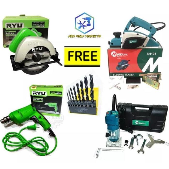 FREE ONGKIR PAKET TUKANG KAYU  ( 4 ITEM ) BISA COD RYU PAKET TUKANG KAYU LENGKAP MESIN PLANER/SERUT 