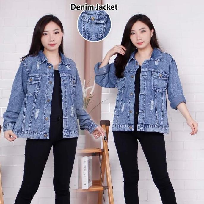DS238 >> Jaket Jeans Wanita Oversize Jaket Denim Oversize Wanita Jaket Jeans Model Depan Sobek Terba