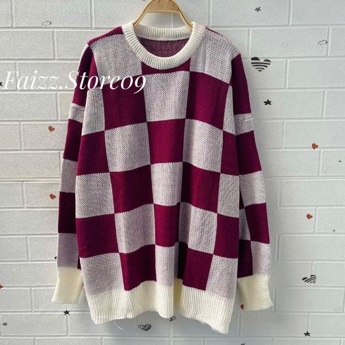 DS287 - Anjani Sweater Rajut Motif Kotak Kotak Atasan Wanita Korea Lengan Panjang Outer Baju Knitwea