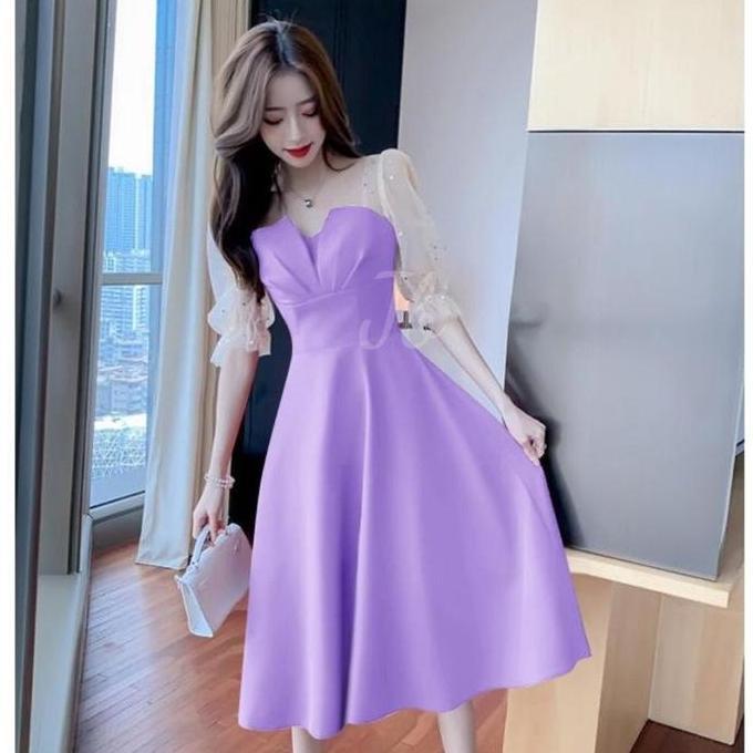 DF67 >> Dress Korean Style Wanita Lengan 3/4 Model Balon Gelembung Gliter Baju Pesta Cewek Korea Gau