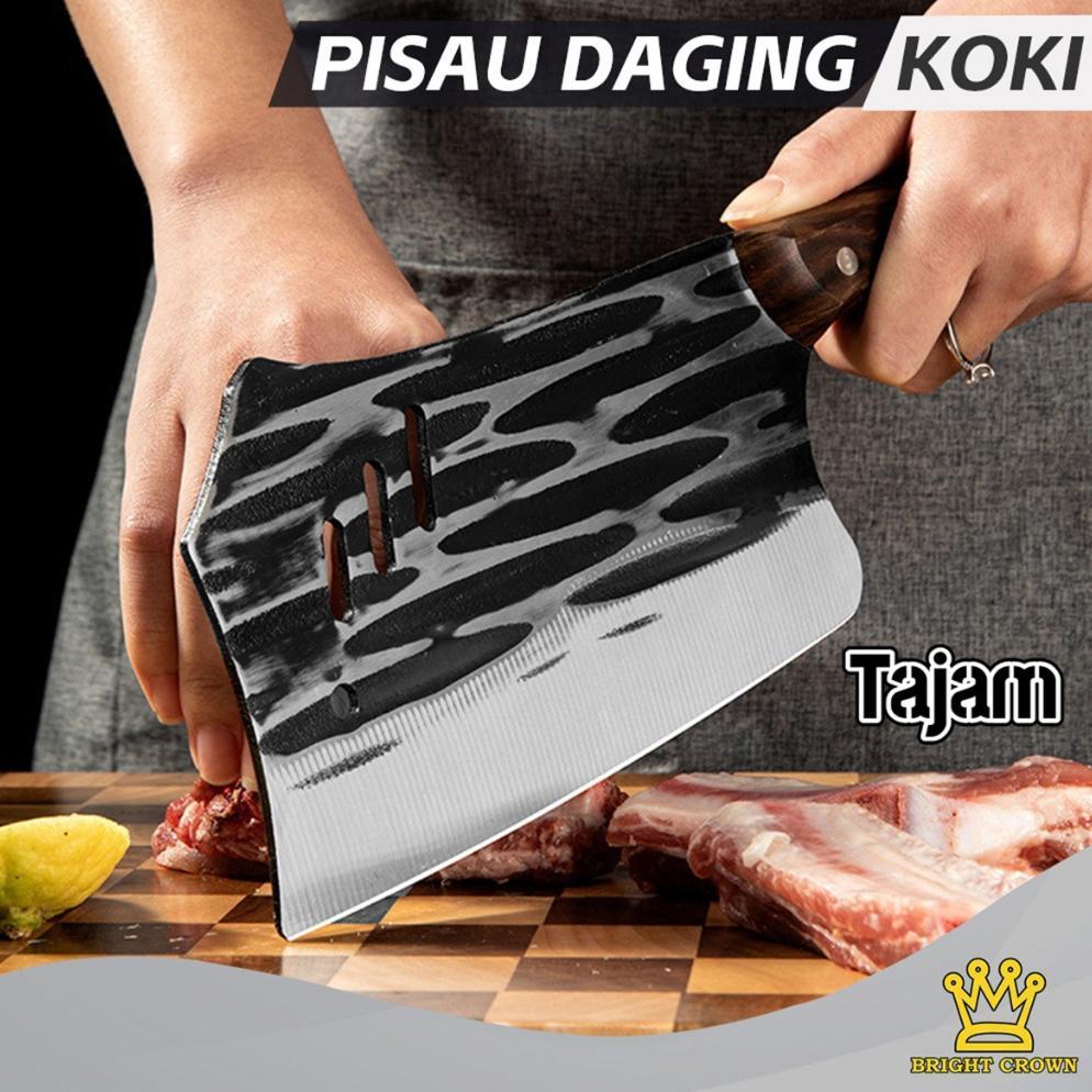 TERBARU Bright Crown Set Pisau Koki Dapur Super Tajam Stainless Gagang Kayu / Golok Cacah Daging dan