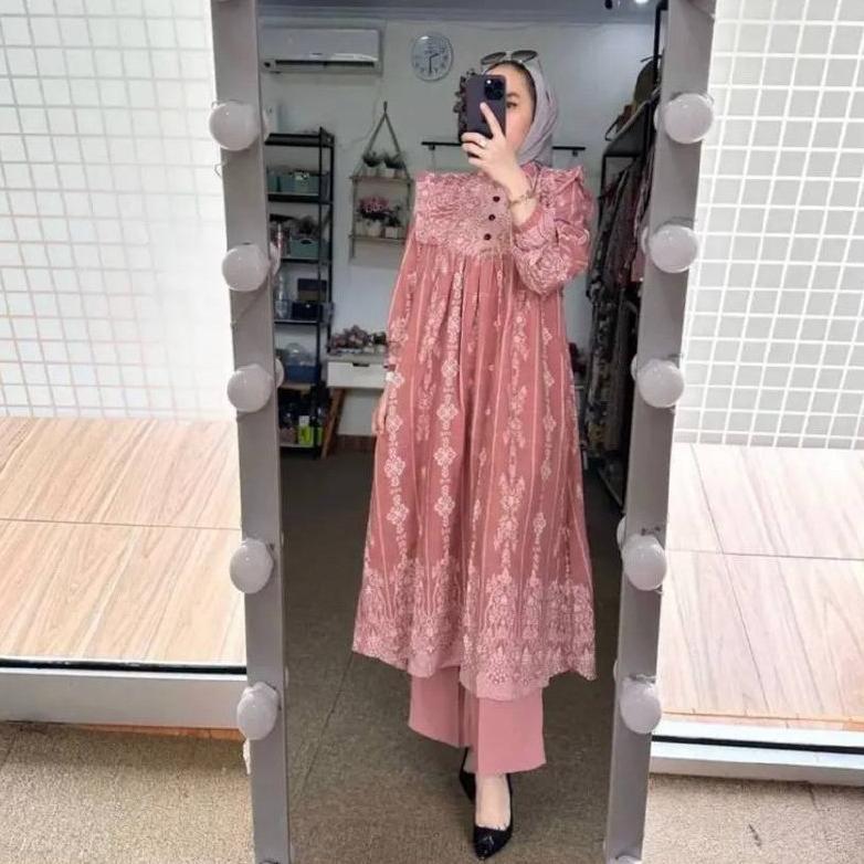 Saless Setelan Tunik Katun Destina Busui / One Set Tunik Etnik / Setelan Etnik Bunga Long