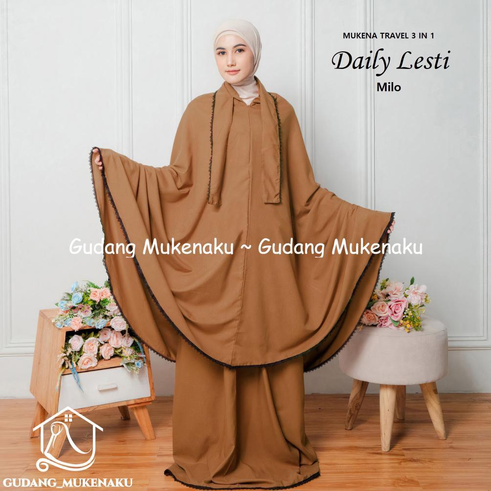 ''Terlaris" Mukena Dewasa Daily Lesti Travel 3In1 Bahan Katun Renda Rajut Free Tas Premium Murah