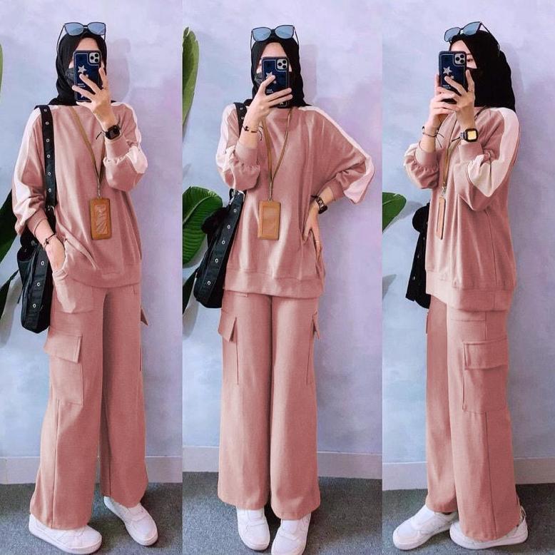 NEW Set Cargo Setelan Celana Cargo List Tangan One Set Training Baju + Celana Wanita Olahraga Sporty