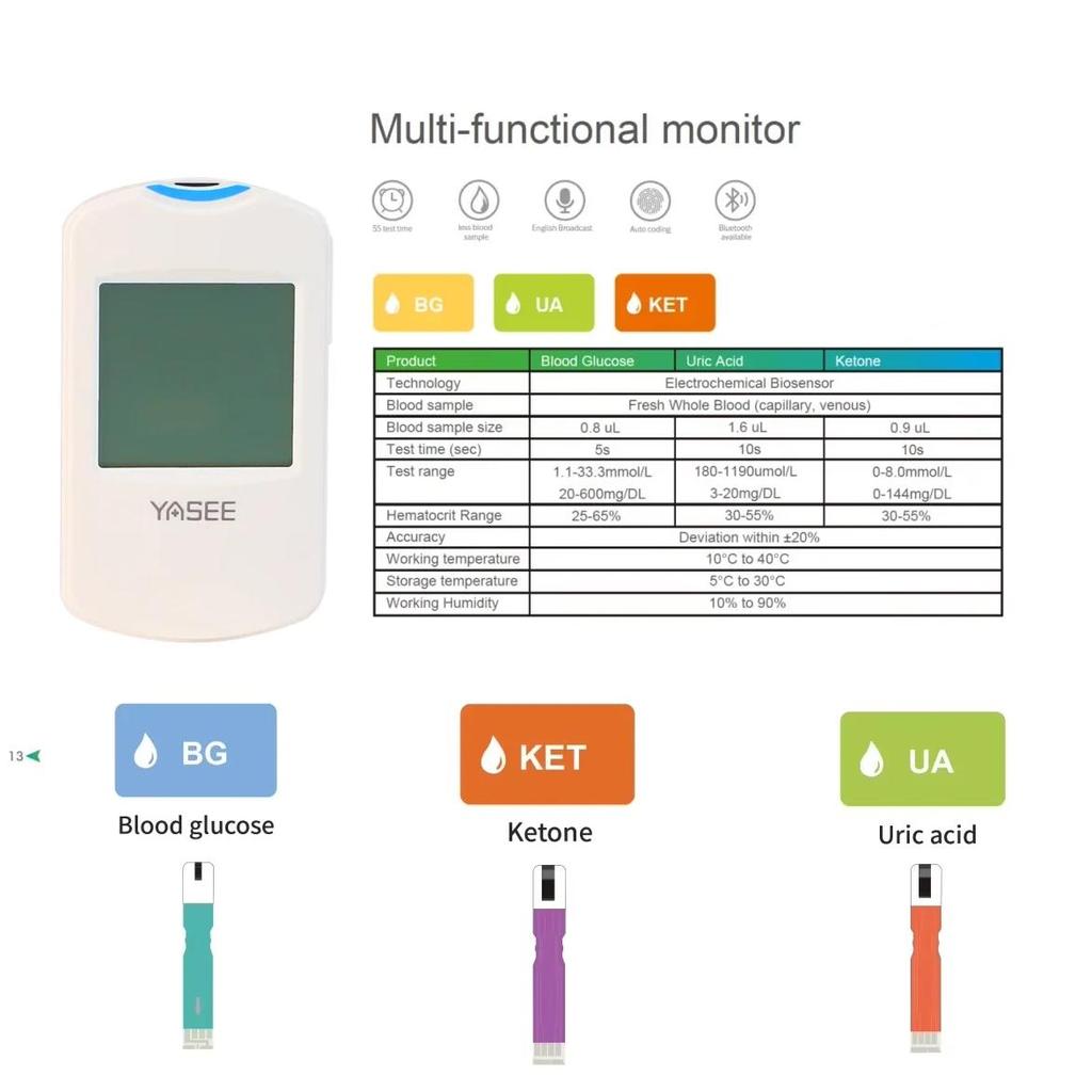 YS-206G Blood sugar Uric acid Blood ketone Three-in-one Multifunctional Blood Glucose mete Medical G