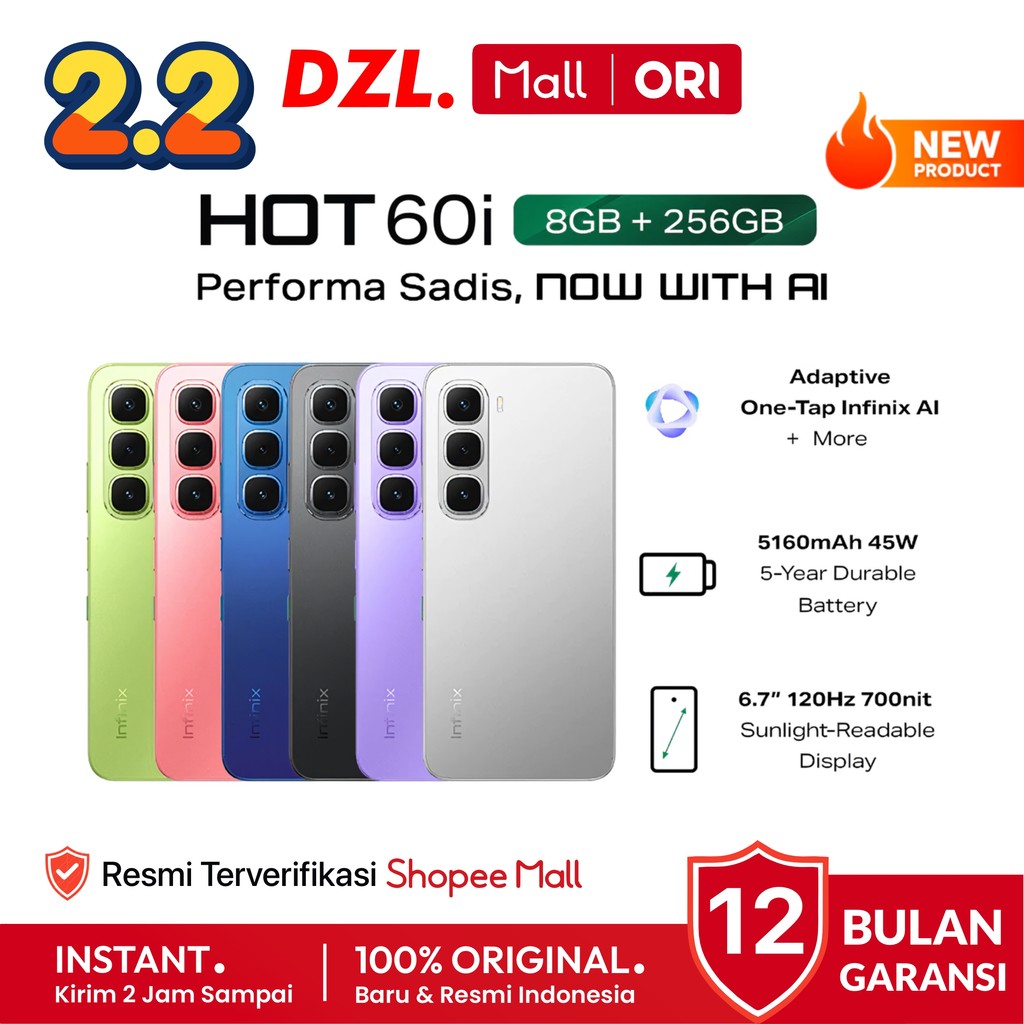 DZL - HP INFINIX Hot 60i 8/256 6/128 GB Original Garansi Resmi Official Store Handphone Ori