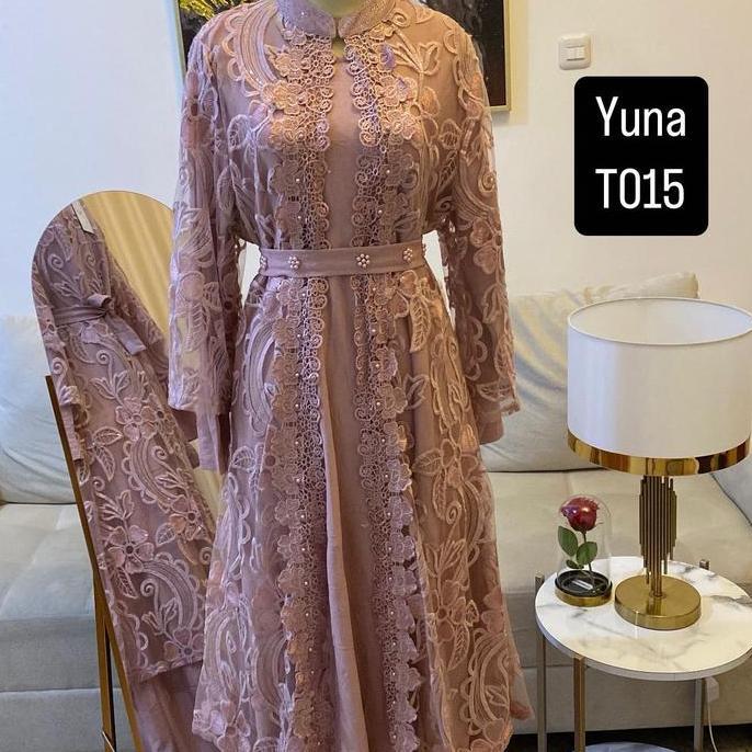 Spesial Gamis Yuna Delfia T015 Brokat Mewah Muslim Dress Wanita Pesta Lebaran Maxi Dewasa