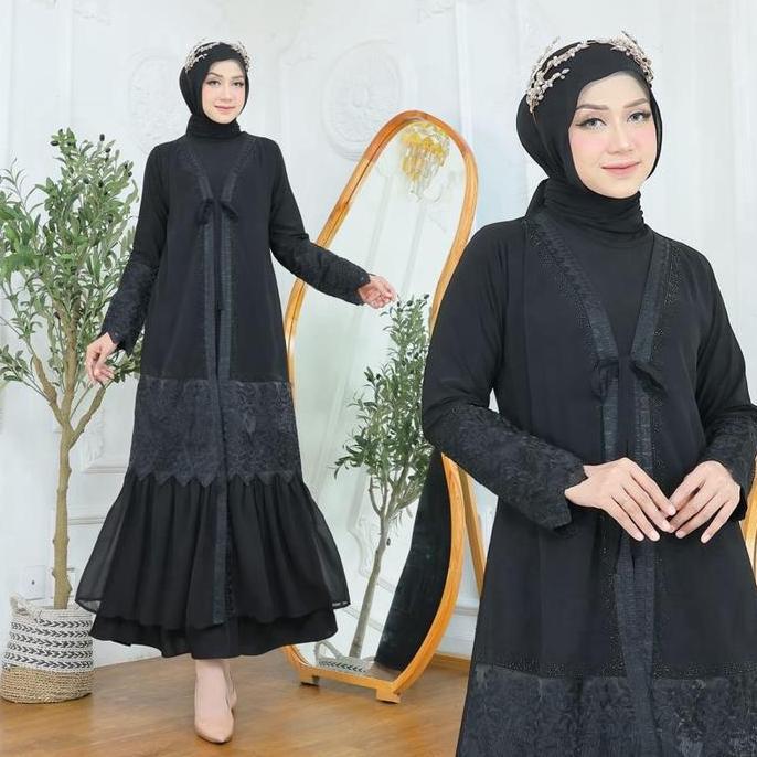 Terlaris, Gamis Abaya Turkey Zaskia // Abaya Turkey Bordir Full Hitam Model Tali Depan Simpel Minima