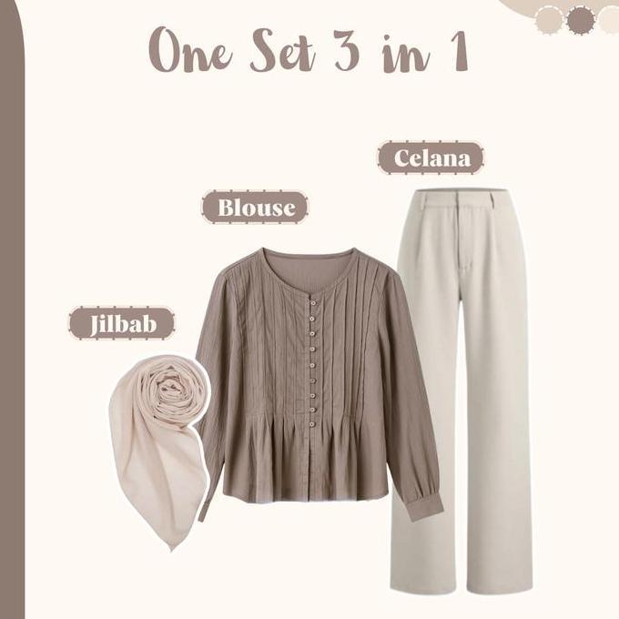 Setelan Atasan Wanita Dewasa (Blouse Coklat Polos - Celana Kulot Panjang - Jilbab) One Set Casual St