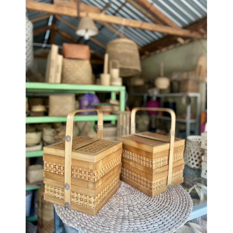 new rantang bambu kotak 25x25 cm susun 2 asap | rantang bambu anyaman | rantang bambu kotak | box ba