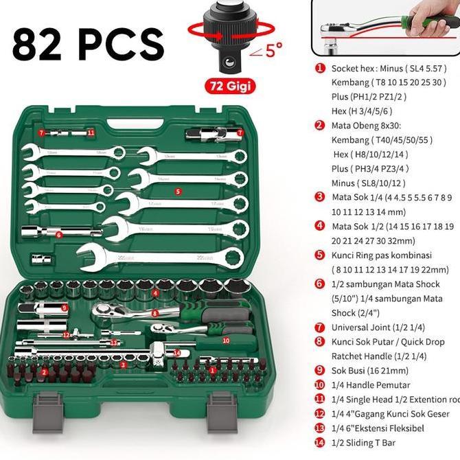 ISKU Tool Kit Set 82pcs Kunci Shock Set Kunci Ring Pas Alat Set Dan Kunci Pas Rachet Socket Set