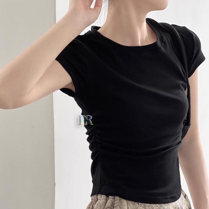 Ready LNR Shop Atasan Kaos Serut Samping Lengan Pendek Bahan Cotton 40S Crop Top Korean Style Kasual