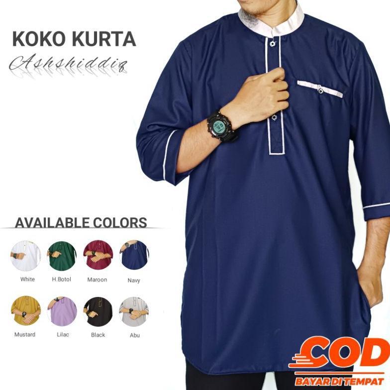 Promo Koko Kurta Ashshiddiq - Baju Koko Kurta Pria Dewasa Lengan 3/4 Warna Mustard Putih Hijau Botol