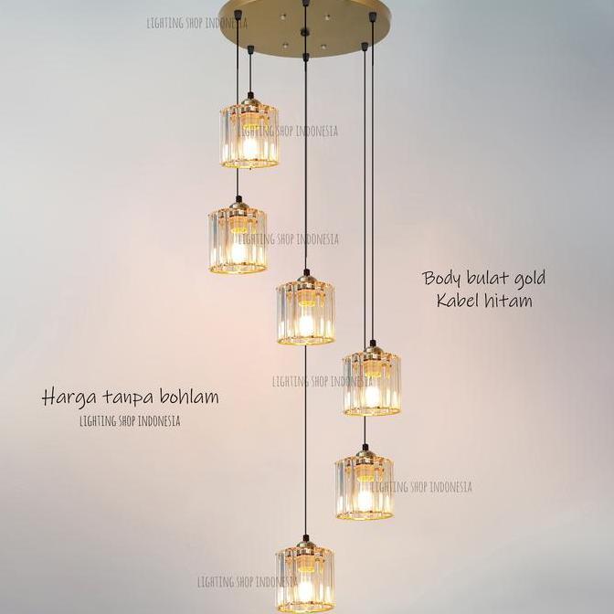 Lampu gantung void 6in1 gold kaca kristal minimalis modern 6 lampu