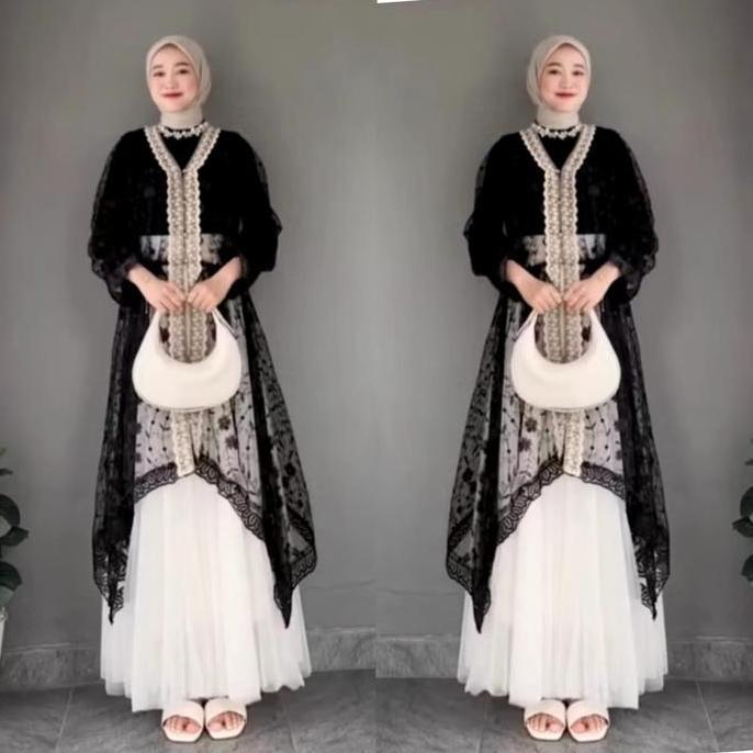 Termurah / Hot Sale Raya Set Brukat Tunik Satu Set Inner Outer Dan Rok Tutu Gamis Pesta Mewah Elegan