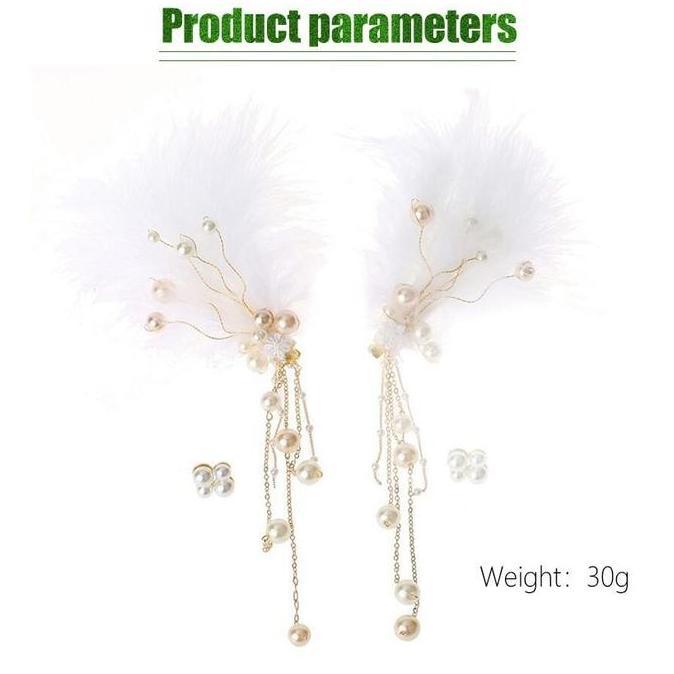QWEKLY 2pcs/Set Vintage Bando Angel Putih Rumbai Bulu Rambut Band Hiasan Kepala Mutiara Berlian Imit