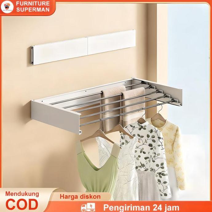 SINLOWY Rak Pakaian Jemuran Lipat Dinding Kecil 60/80/100CM Jemuran Baju Ruangan-Buka Tutup Pakaian 
