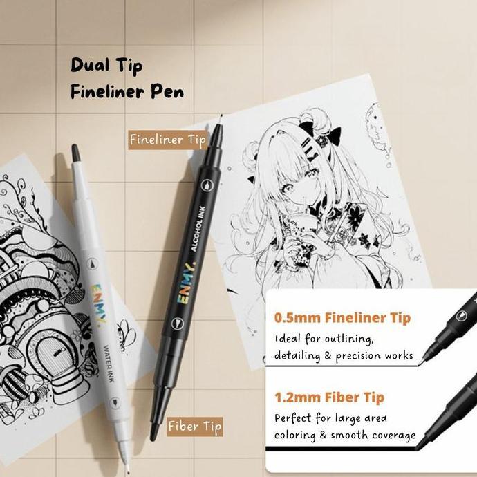 QWEKLY ENMY Dual Tip Fineliner Pens Black Ink for Acrylic Marker Artwork