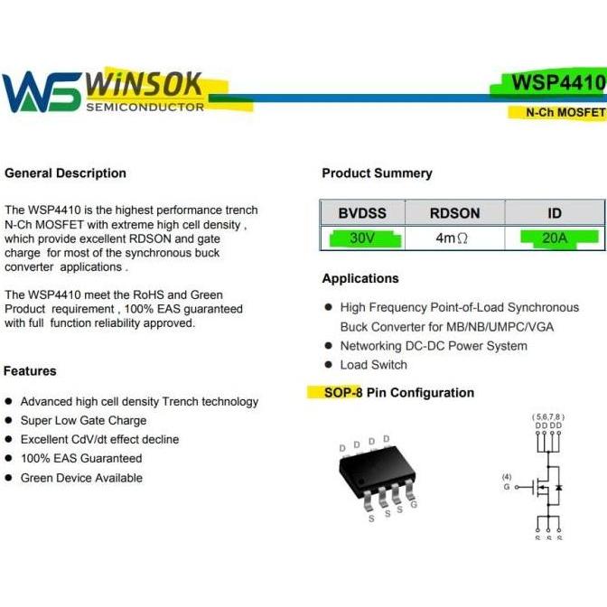 WSP4410 30V 20A N-Channel MOSFET 4410 SOP-8 Winsok Semiconductor
