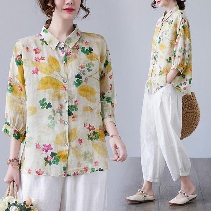 atasan blouse korea motif floral cattun linen atasan kemeja import HM