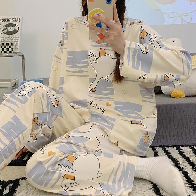 Yooyi Baju Tidur Jumbo 5XL Wanita Set Dewasa Bahan Adem Lengan Panjang Celana Panjang Piyama Setelan