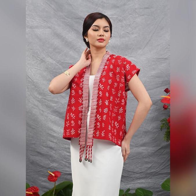 Sedia Nona Rara - Outer Koin Short Garut Merah Putih T4533, Baju Kerja Batik Outer Wanita Modern | O