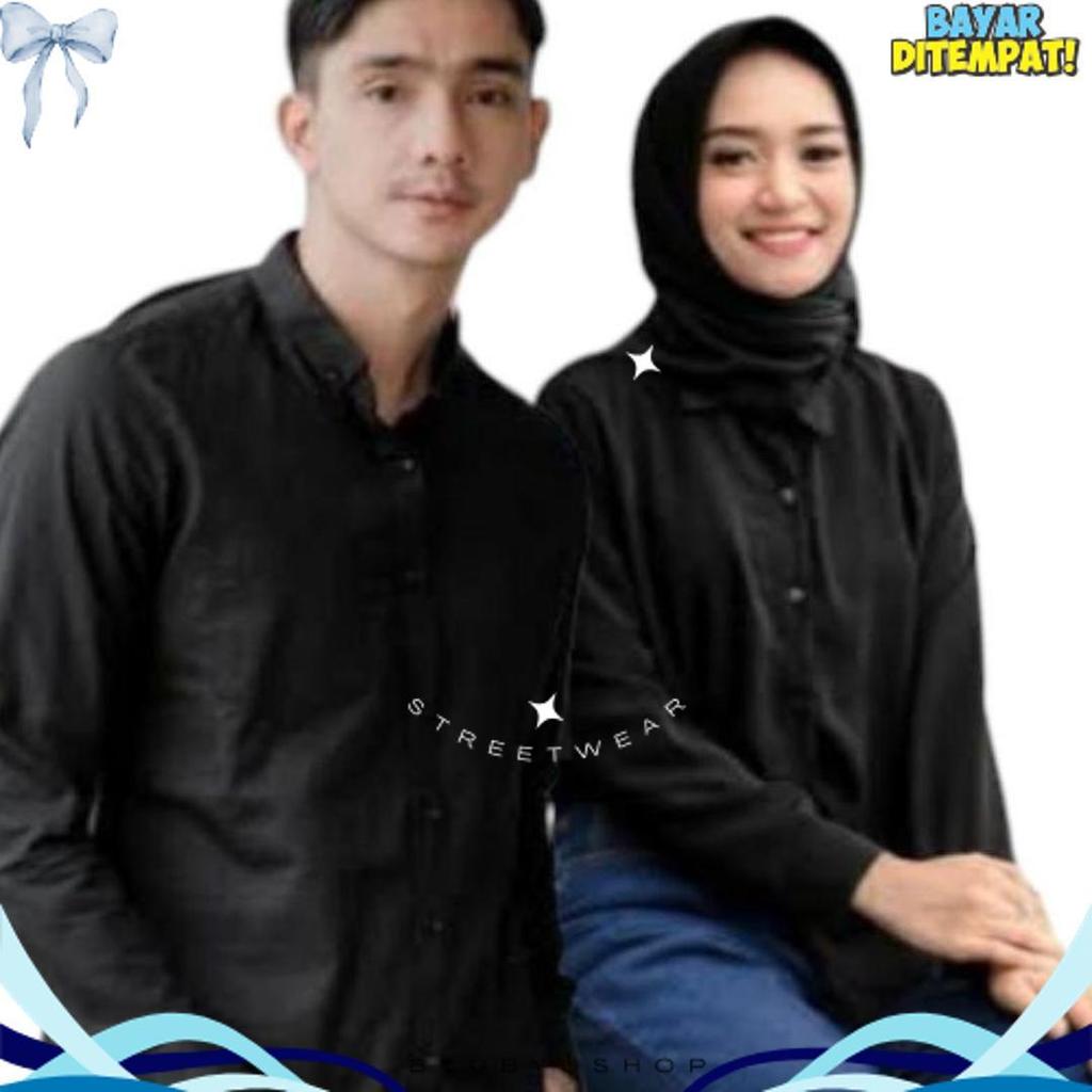 Kemeja Couple Polos Baju Pasangan Wanita Pria Lengan Panjang hitam Diskon Imlek
