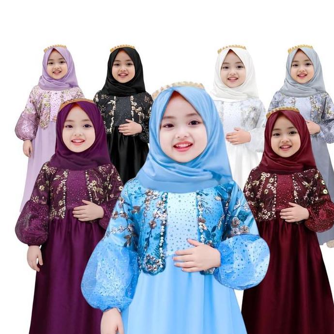Baju Gamis Anak Lengan Balon Rosalina 2 Sampai 11 Thn , Baju Gamis Anak Perempuan , Gamis Anak Motif