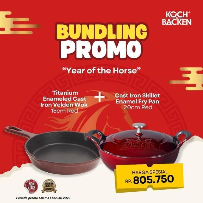 Bundling Titanium Enameled Cast Iron Velden Wok 18Cm + Enamel Fry Pan 20Cm Red Allshop