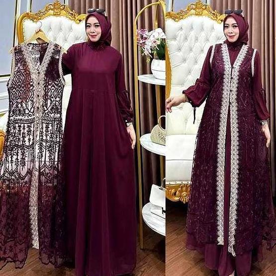 NEW Gamis Abaya Putih Bunga Azizah Dress Bahan Ceruty Baby Doll Mix Brokat Full Puring Gamis Putih M