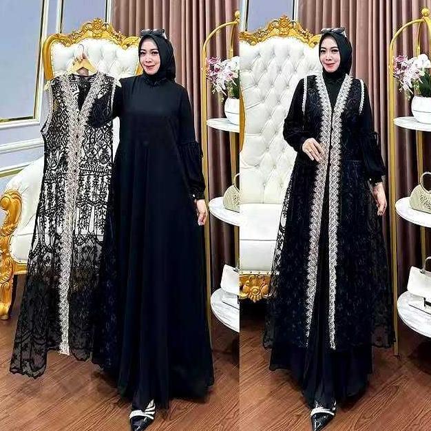 New Gamis Abaya Putih Bunga Azizah Dress Bahan Ceruty Baby Doll Mix Brokat Full Puring Gamis Putih M