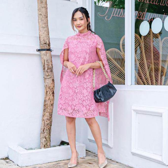 MD83 >> Dress Wanita Brukat Lengan Batwing Sayap Kelelawar Dres Midi  Casual Mewah Gaun Pesta Kasual