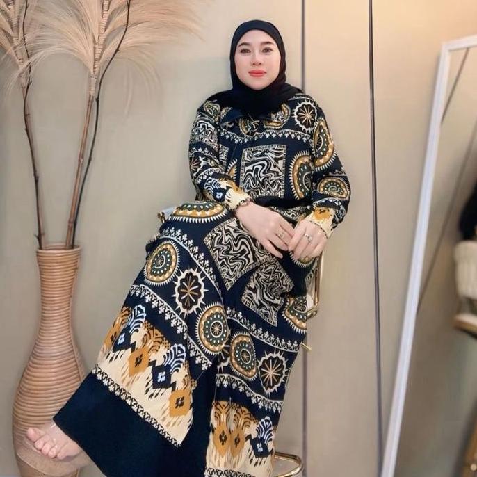 Elzhava Long Outer-Full Kancing Tunik-Tunik-Long Tunik Casual-Rayon Formal Viscose-Panjang Bunga Nya