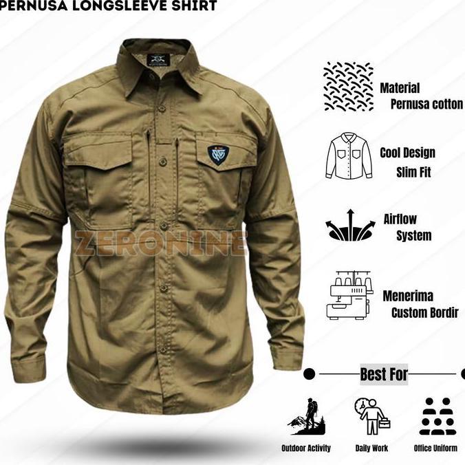 Kemeja Tactical Lengan Panjang Pria Wanita - Baju Seragam Kerja Lapangan Outdoor Warna Coklat Bordir