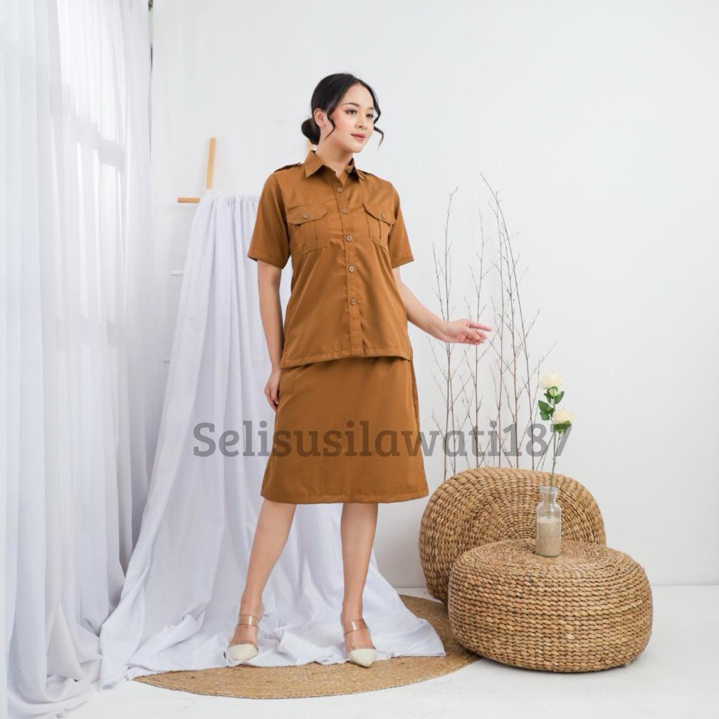 Promo !!! Seragam Khaki Pns Wanita Baju Dinas Pemda Kemeja Saku Dada  Lengan Pendek
