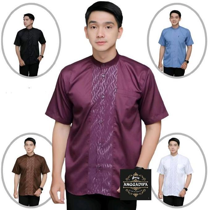 Super Hot, Anggadipa Batik - Kemeja Pria Baju Koko Muslim Dewasa Motif Garis Embos Lengan Pendek Mod