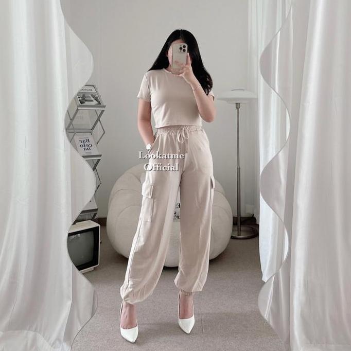 DS239 >> - Maurel Cargo Set - Setelan Atasan Jogger Cargo Wanita Panjang Baju Crop