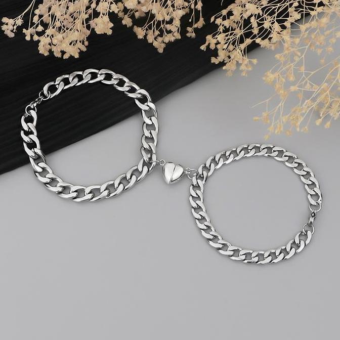 QANTASH Gelang Pasangan Magnet Cinta Jahitan Baja Titanium Pasangan Dua Lapis Bracelet Detak Jantung