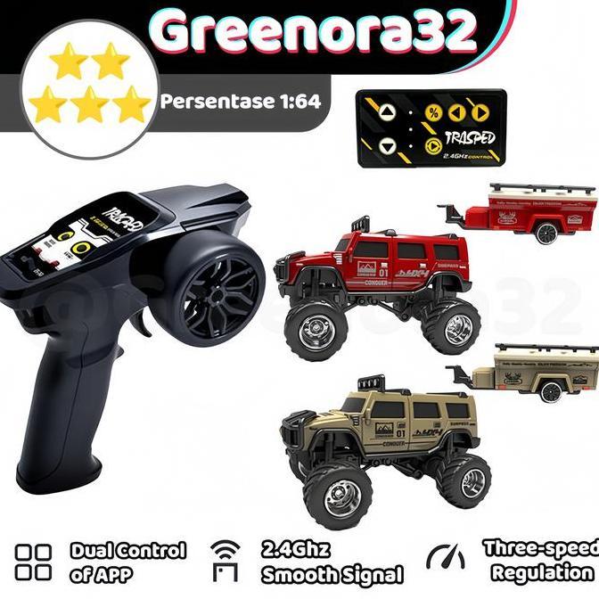7lekkar - greenora32 mobil rc skala 1:64 bodi logam truk mini off-road kontrol ganda app+remote sasi