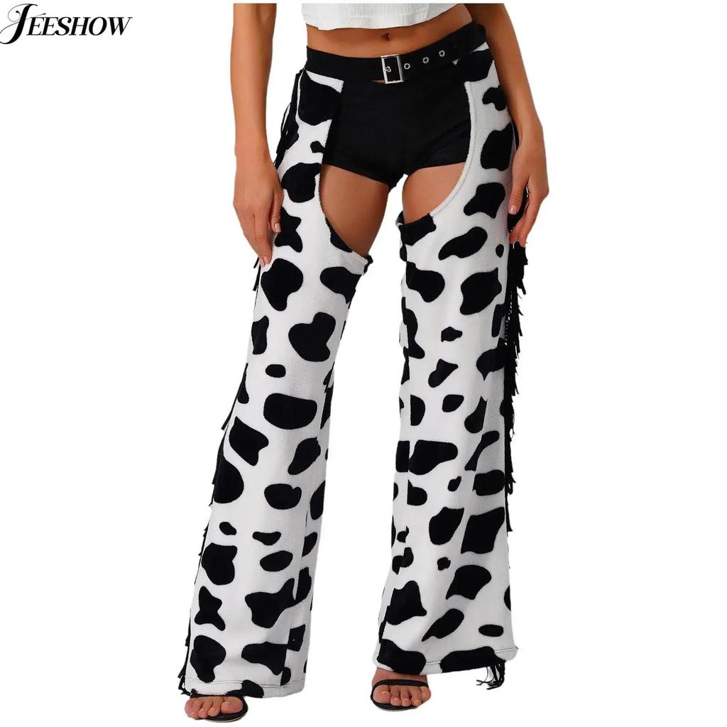 Womens Cowgirl Costume Flannel Cow Spot Print Chaps Adjustable Waist Hollow Out Open Crotch Pants Bi