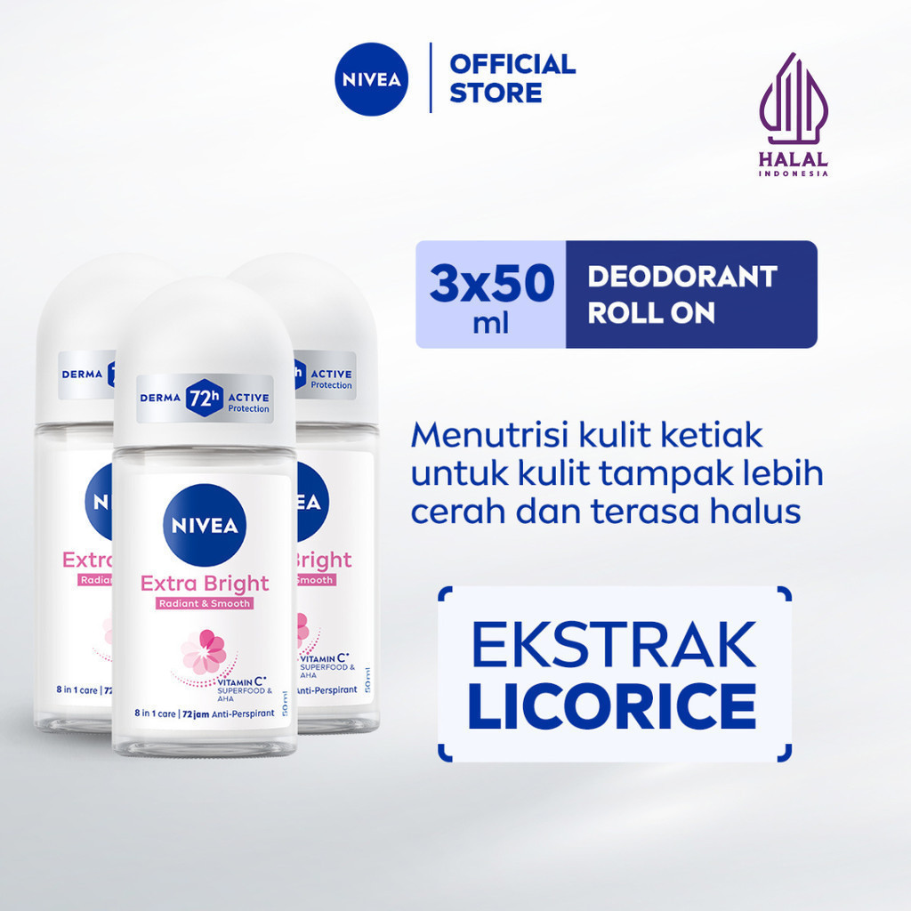 (PAKET HEMAT ISI 3) NIVEA Deodorant Roll On Extra Bright Radiant & Smooth 50ml - Deodoran wanita men