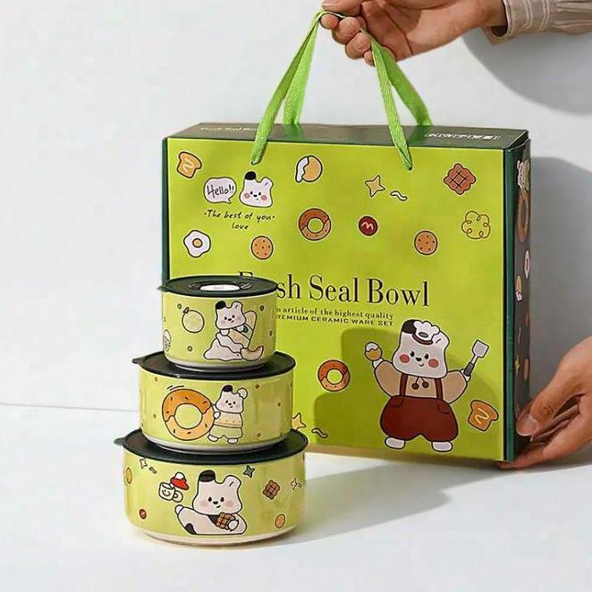 Three Piece Set Sealed Bowl Nt Noodle Bowl Set Gift Microwave 3 Pcs Set Mangkok Tutup Seal Gift Set 