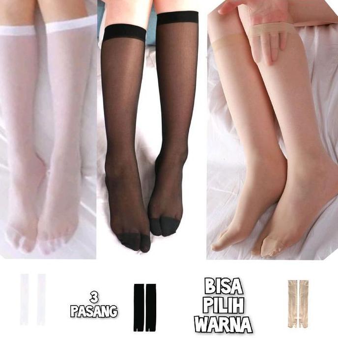 - 3 Pasang Kaos Kaki Stocking Jempol Panjang Selutut Warna Kulit Tipis Transparan Muat Betis Besar