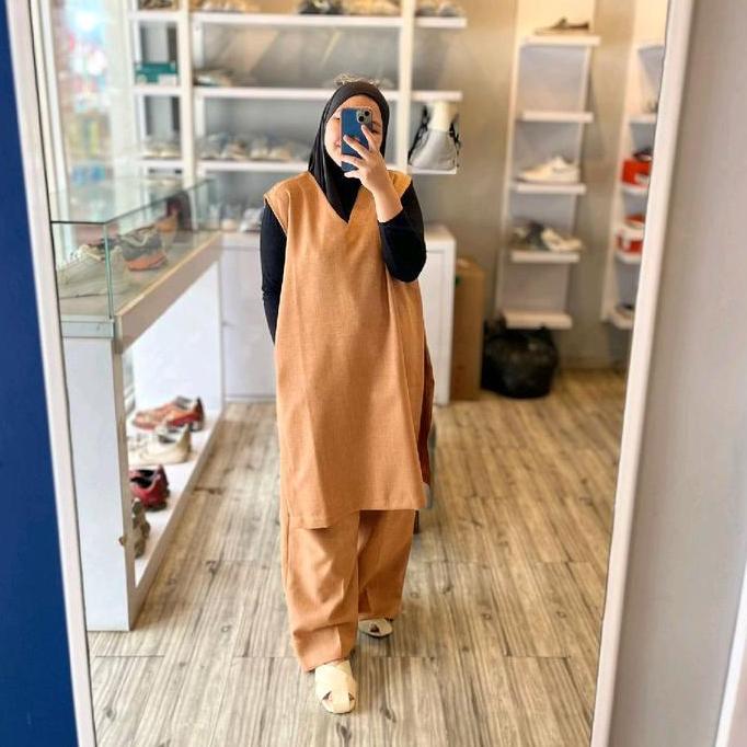 RIALE ONE SET -set celana kulot atasan vest tunik ld 120 bahan linen belgia TA