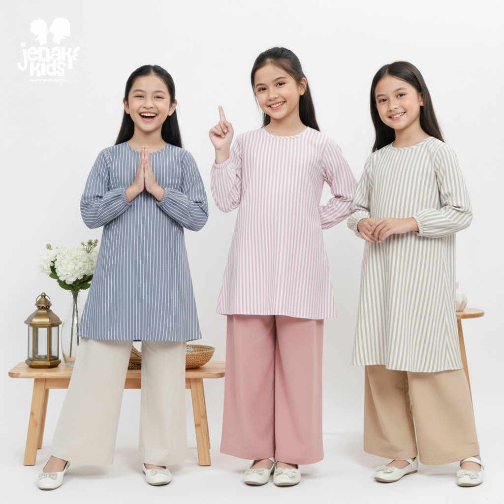 JENAKA KIDS - HANIYA One Set Anak Perempuan Tunik Salur Kulot Premium Nyaman untuk Hari Raya