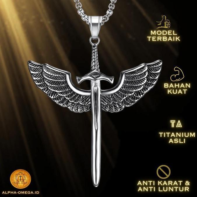 Kalung Salib Pria Titanium Liontin Sayap dan Pedang Titanium Anti Karat Kalung Salib Keren Laki-Laki