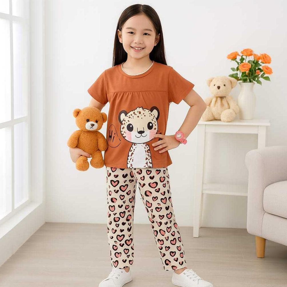 We3 Kids Setelan Piyama Anak Perempuan Lengan Pendek & Celana Panjang Motif Macan | Baju Tidur Anak 
