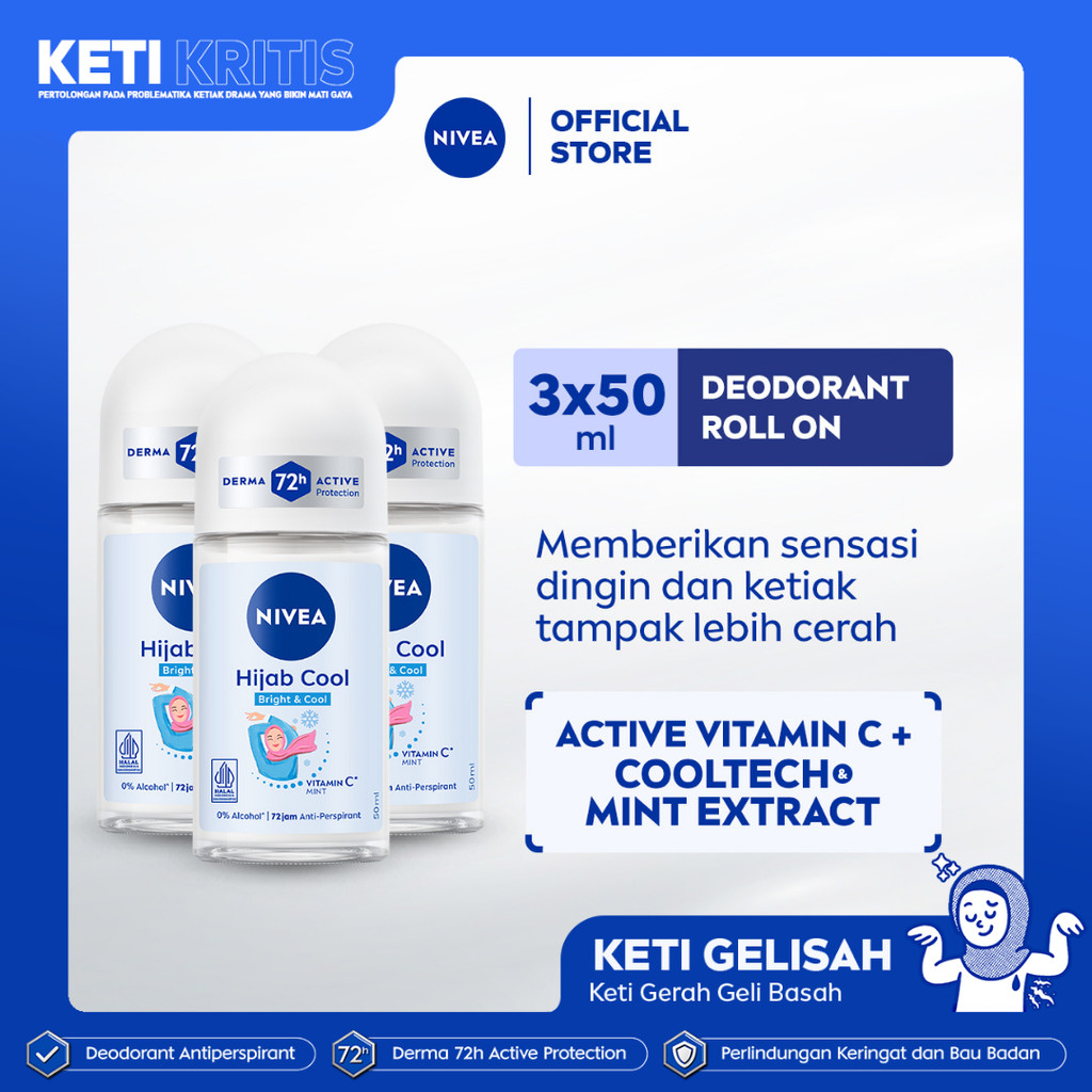 (PAKET HEMAT ISI 3) NIVEA Deodorant Roll On Brightening Hijab Cool 50ml - Deodoran wanita hijab hala