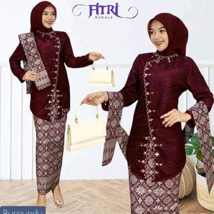AI164 - Setelan Kebaya Janggan Brokat Payet Mix Rok Songket Lilit Palembang Dengan Selendang Modern 